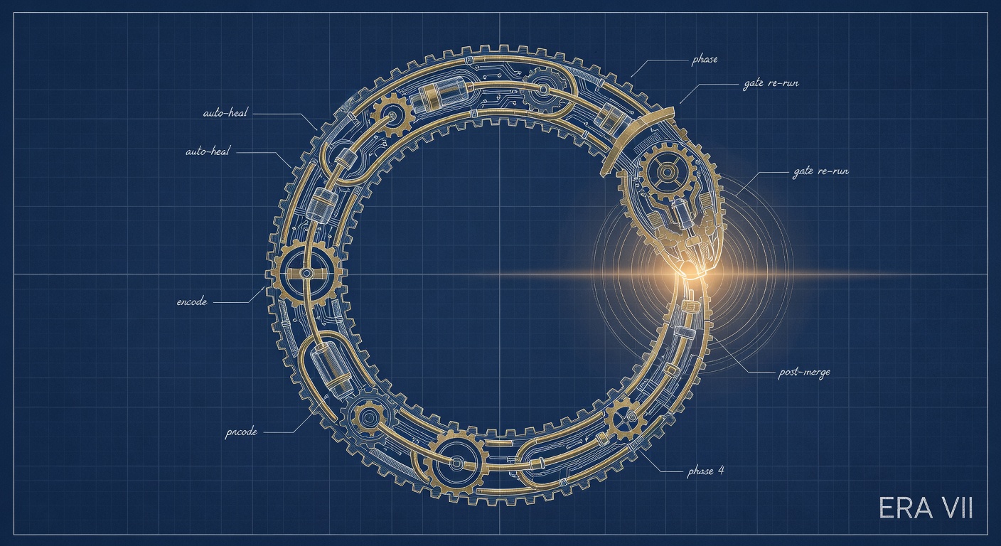 A technical blueprint on dark blue paper showing a mechanical loop — gears, phases, and labeled stages (auto-heal, encode, post-merge, gate re-run) forming a complete circle with golden energy at the convergence point, marked ERA VII