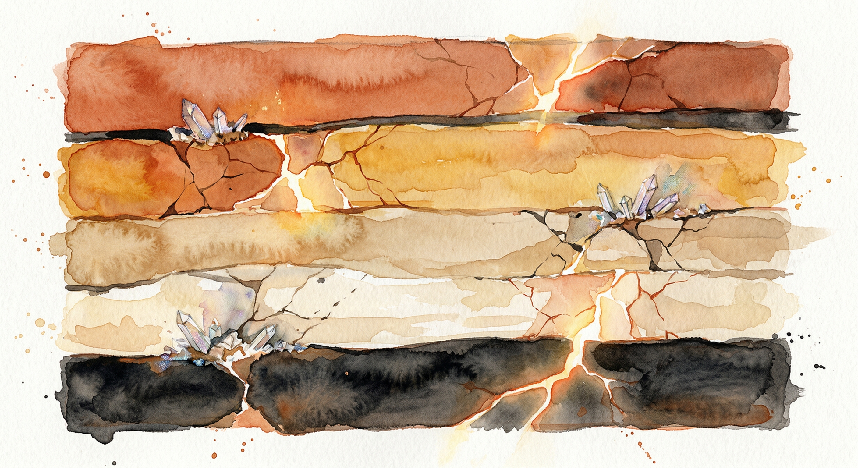 Layered geological strata in warm earth tones, cracked with light seeping through — crystalline formations growing at the fracture points