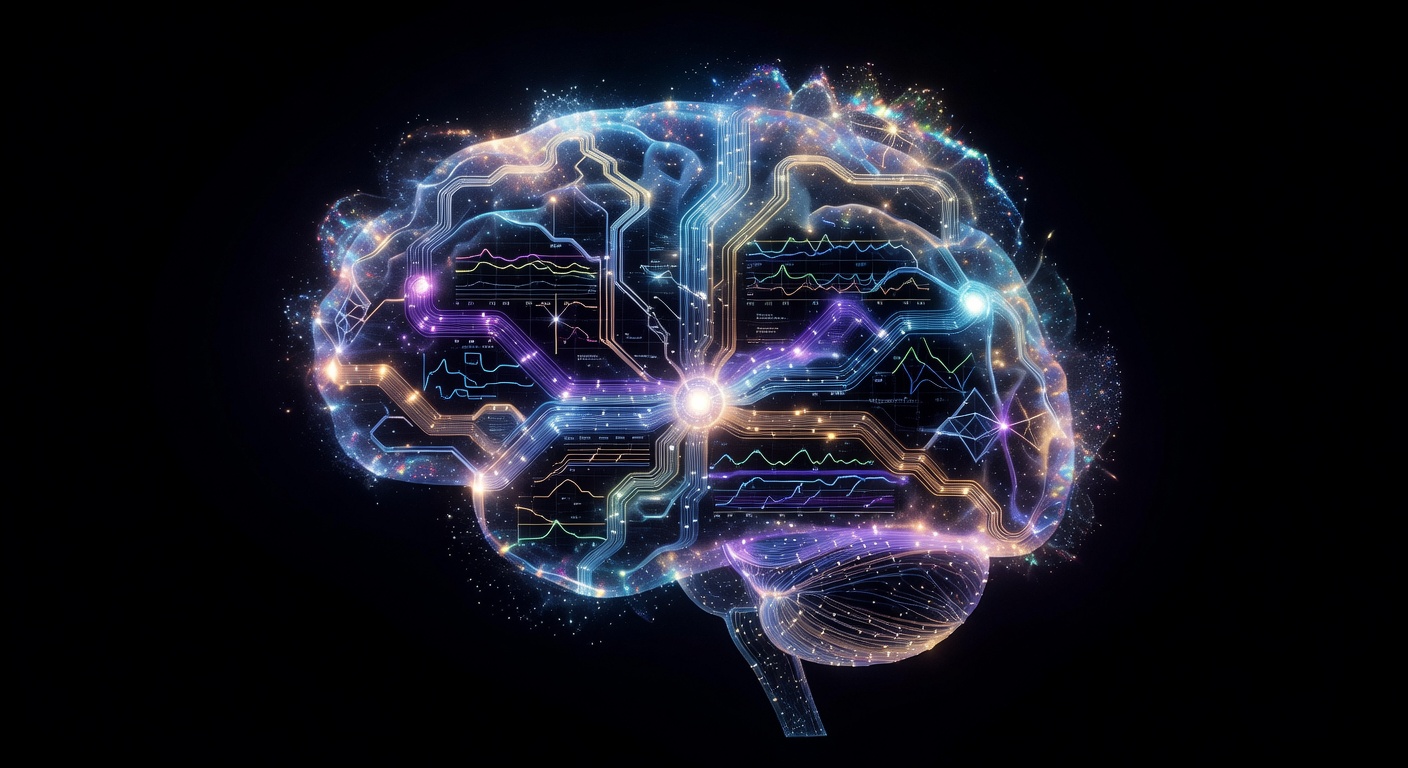A glowing neural circuit brain on a dark background — electric pathways illuminated in blue, purple, and gold, the architecture of thought made visible