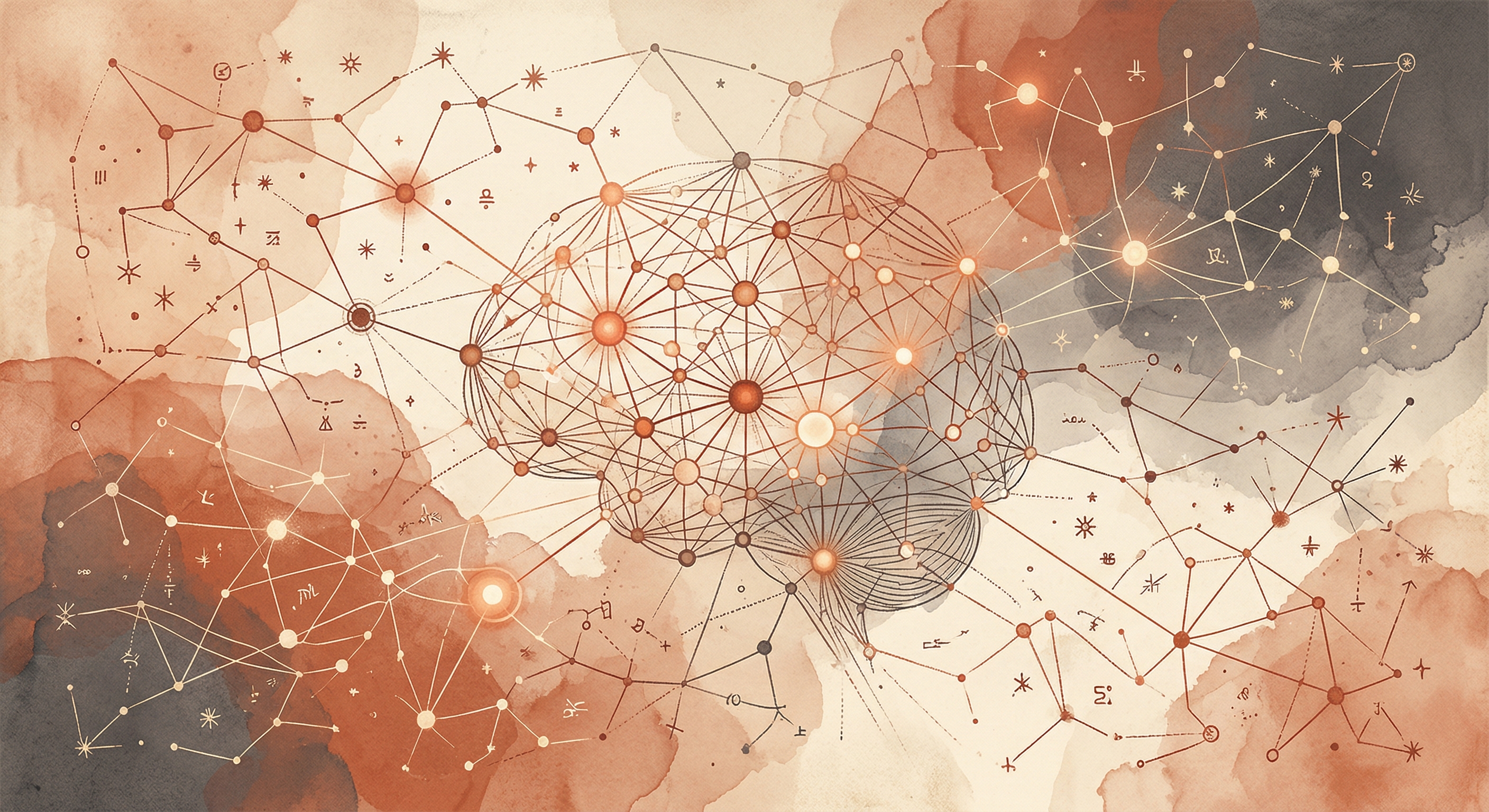 A constellation map on watercolor wash — interconnected nodes glowing warmly against terracotta and cream, like discovering hidden patterns in how a mind operates