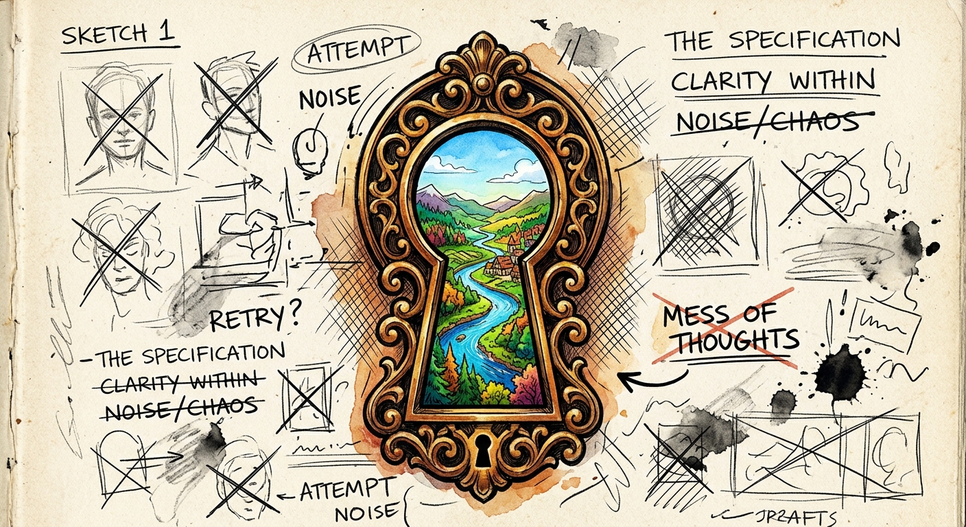 A watercolor illustration of an ornate keyhole — through it, a vivid detailed landscape is visible, surrounded by rough sketches and scattered notes on the page around it