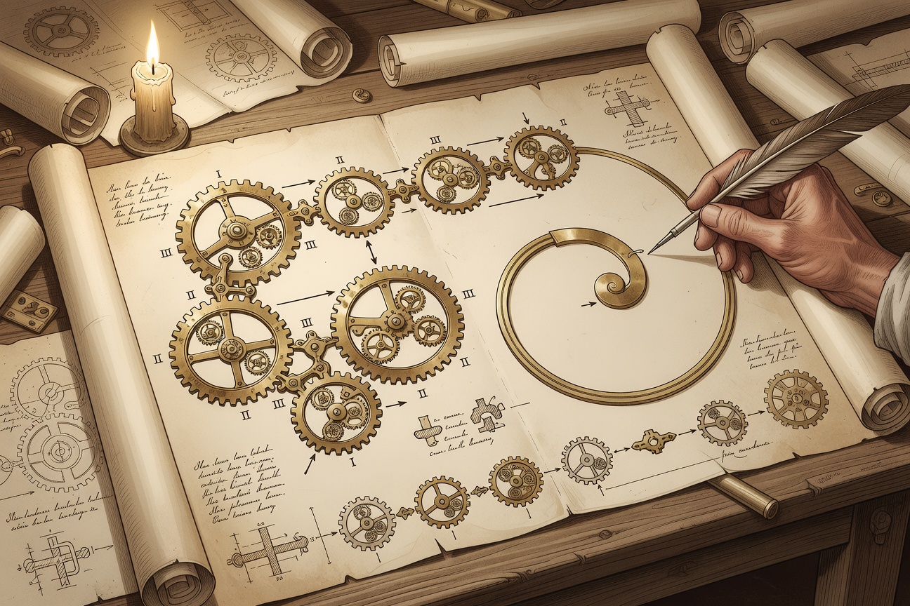 A hand drawing an intricate arrangement of interlocking gears and a golden spiral on aged parchment by candlelight — the act of specifying mechanism before building it