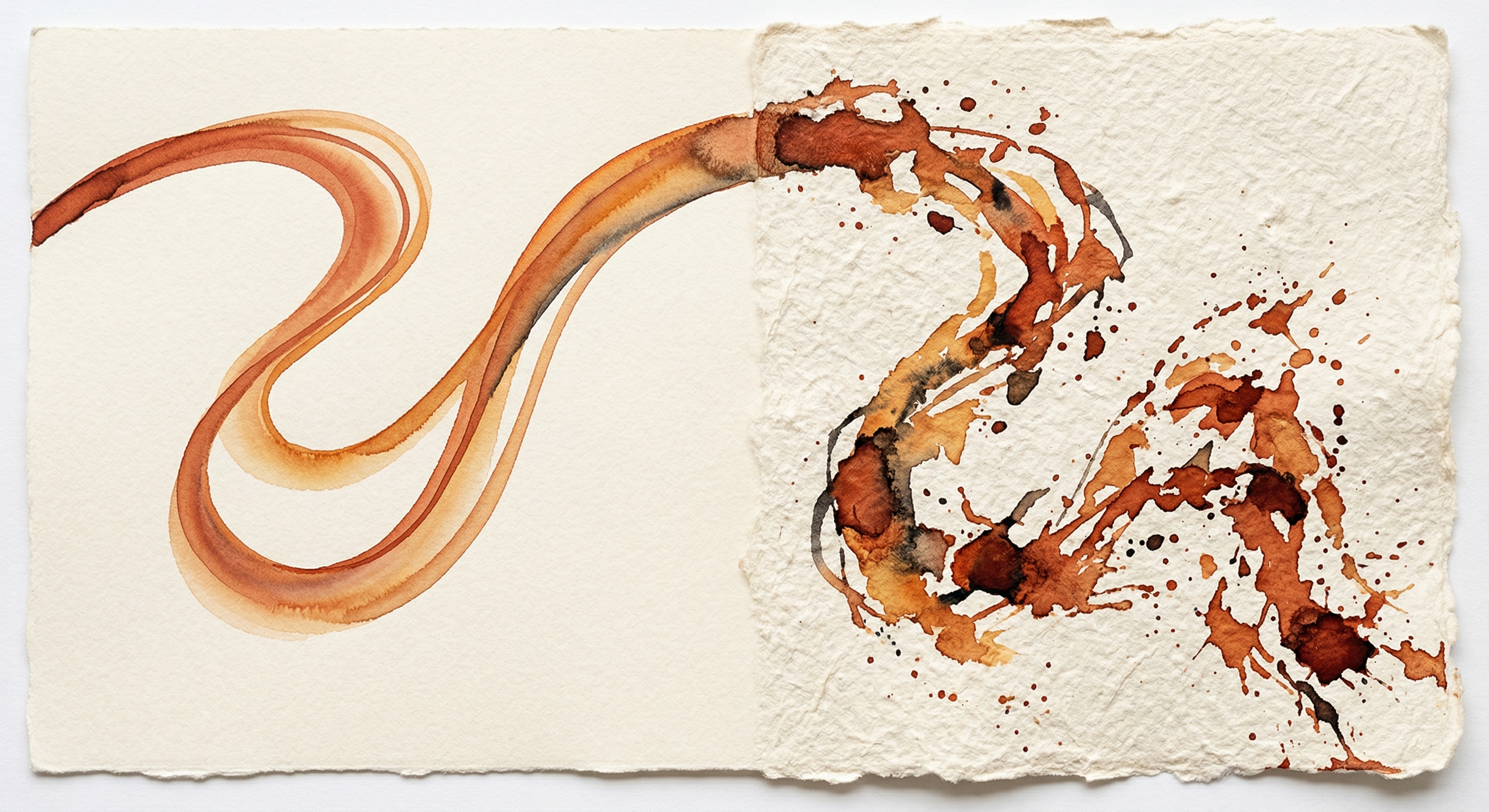 Two ink ribbons flowing from the same source — one glides smoothly across smooth paper, the other splatters and fragments on rough texture
